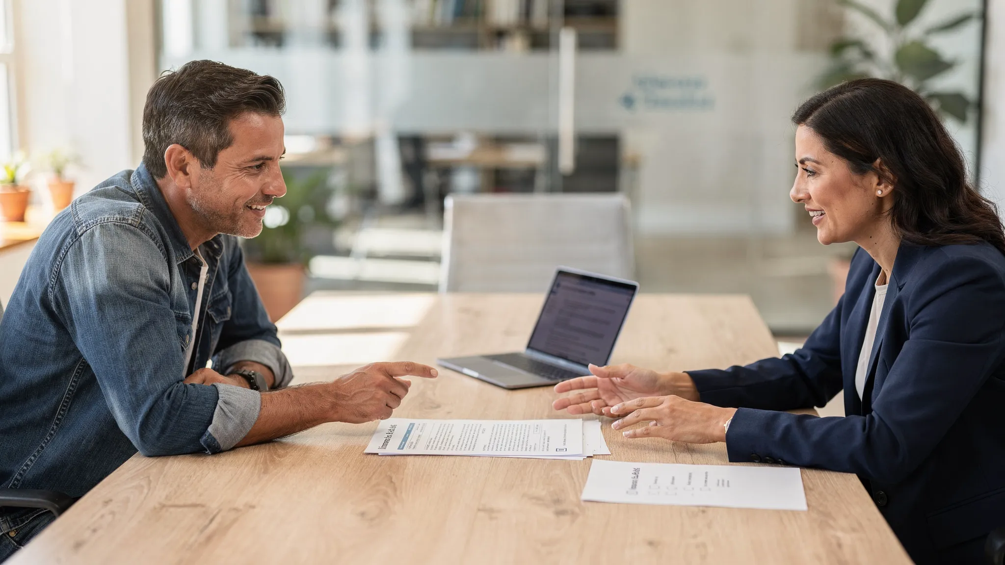 A Georgia small business owner meeting with an insurance and risk advisor at a conference table, with printed policy documents, a laptop, and a simple checklist on the table. The setting looks like a professional office and the discussion appears collaborative.