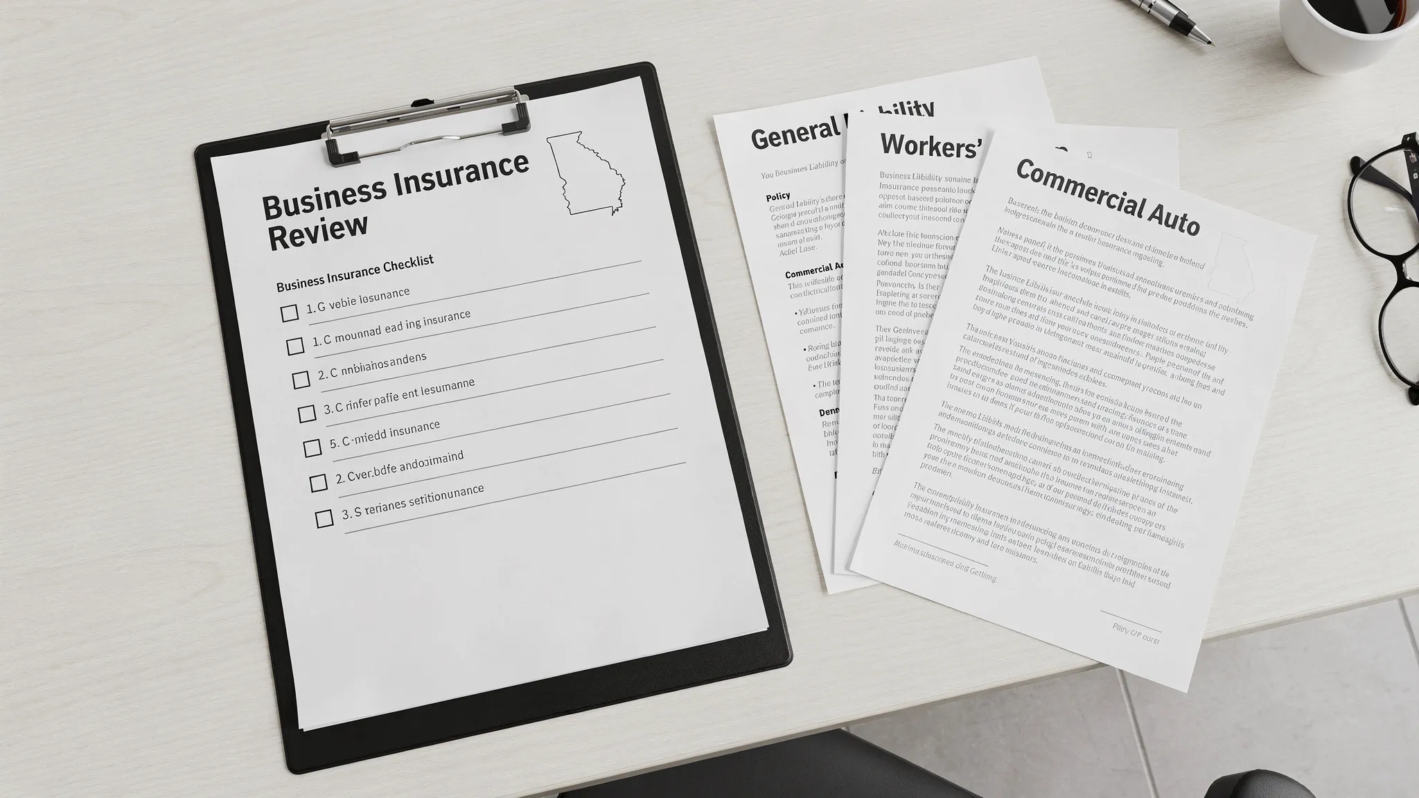 A simple business insurance review checklist on a clipboard next to policy documents labeled “General Liability,” “Workers’ Comp,” and “Commercial Auto,” with a Georgia outline icon on the page to suggest state-specific review.