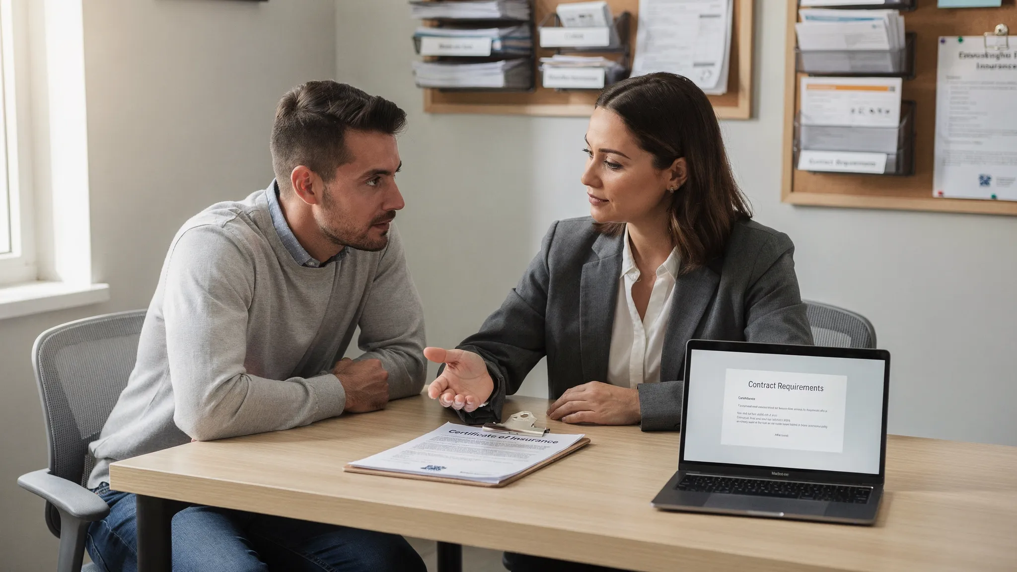 A small business owner and an insurance advisor reviewing a certificate of insurance and contract requirements at a desk with a clipboard, a laptop facing the right direction, and storefront paperwork in the background.
