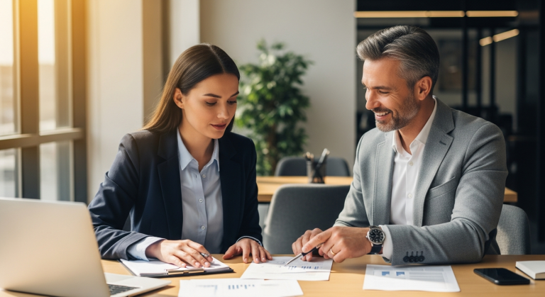 Small business owner reviewing workers comp coordination paperwork with HR consultant in Georgia office