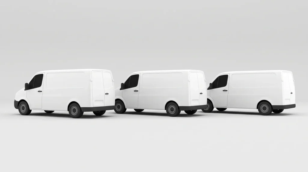 Three unbranded white cargo vans representing a small business vehicle fleet