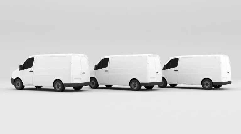 Three unbranded white cargo vans representing a small business vehicle fleet