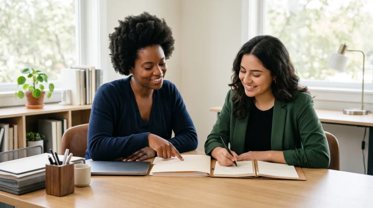 Two small-business coworkers reviewing onboarding materials at an office table
