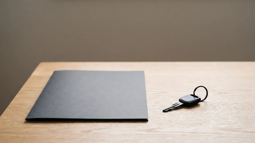 Black key ring beside a dark document folder on a wood desk