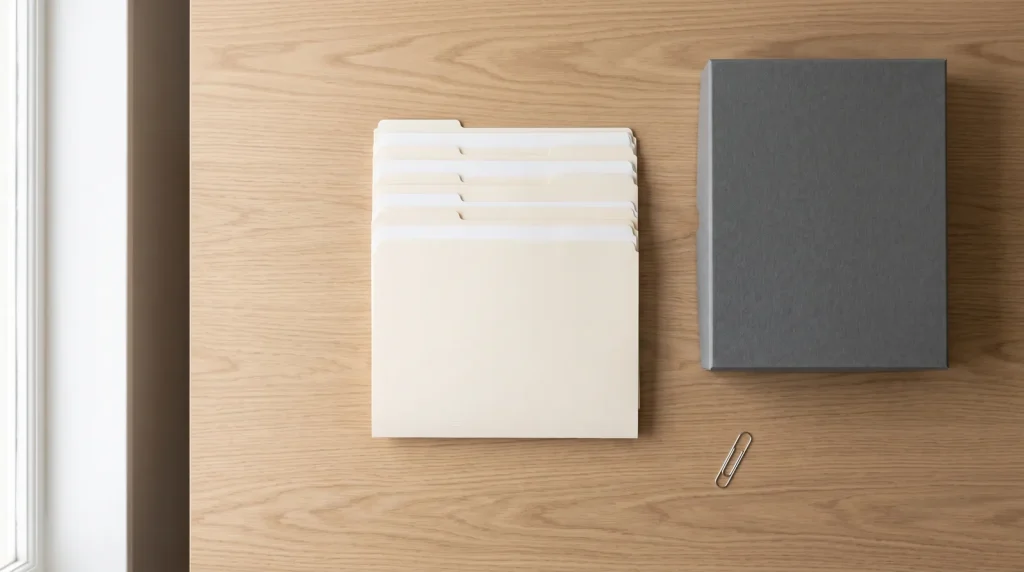 Blank folders and an archival document box arranged on a desk for payroll recordkeeping