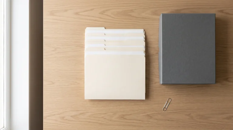 Blank folders and an archival document box arranged on a desk for payroll recordkeeping