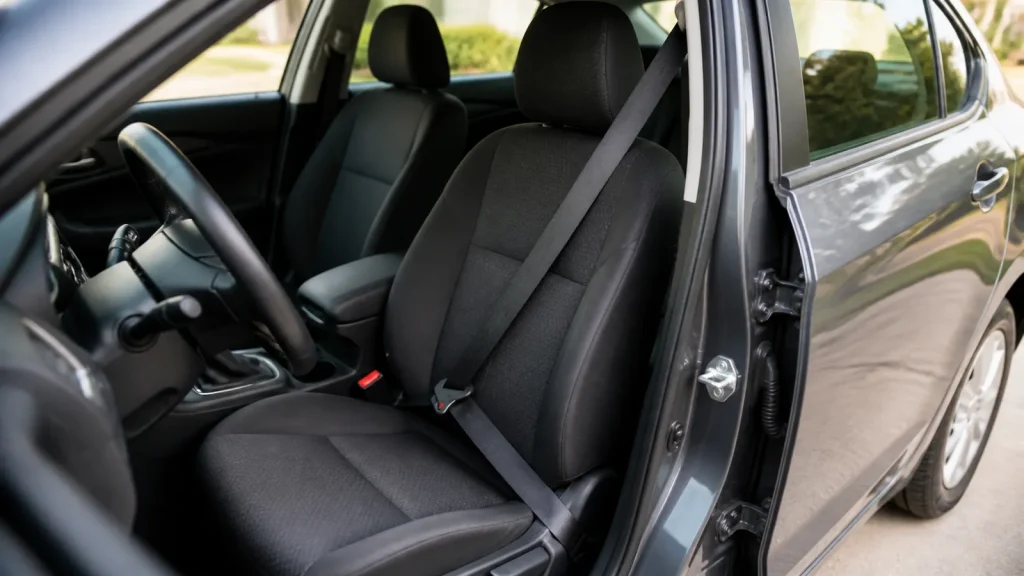 Empty driver seat with a visible seat belt in an unbranded sedan.