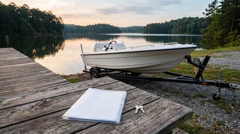 Unbranded recreational boat on a trailer beside a calm lake for a boat insurance review