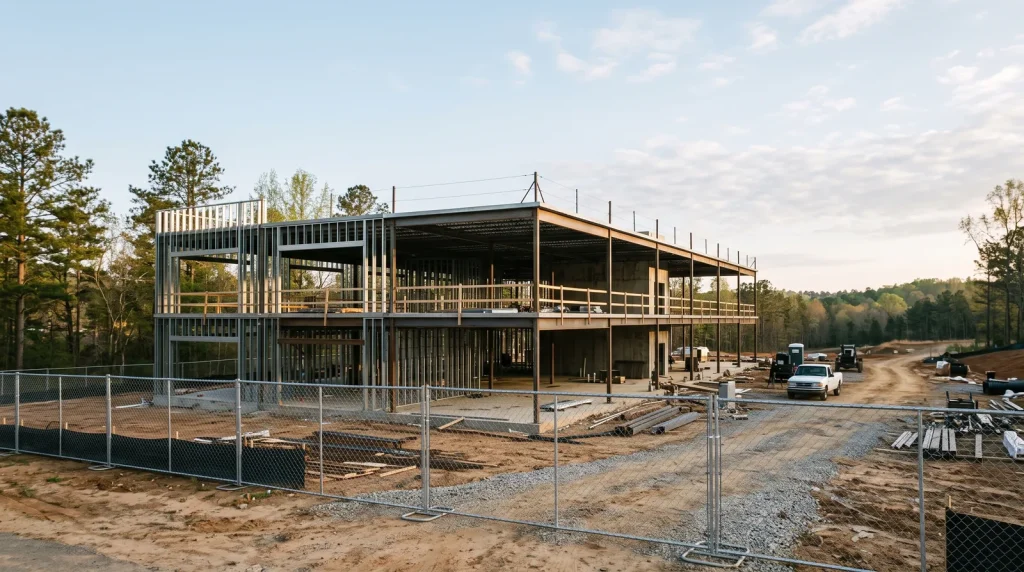 Exterior view of an unbranded commercial construction site with exposed framing