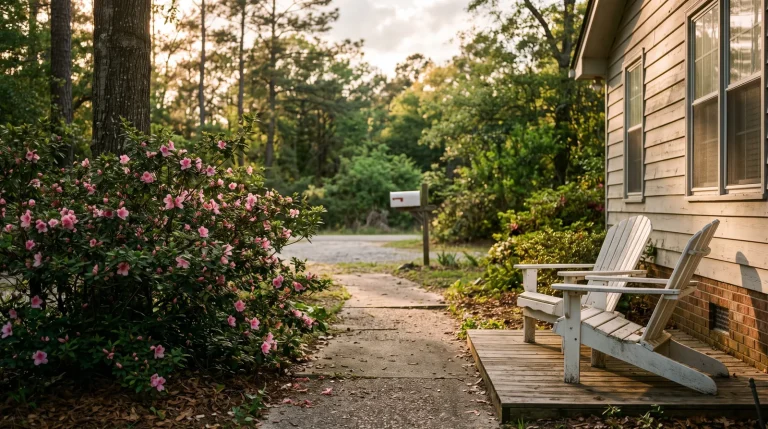 Sunlit residential garden path with a flowering shrub, mailbox and two porch chairs