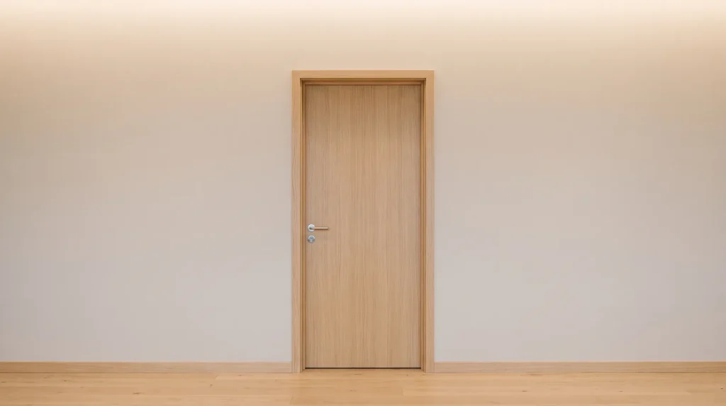 Closed light-wood office door in a quiet private workplace setting