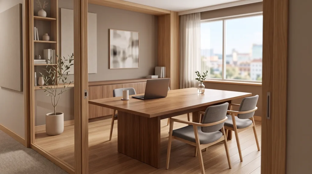 Wide view of an unbranded small-business meeting room prepared for a payroll-provider transition discussion