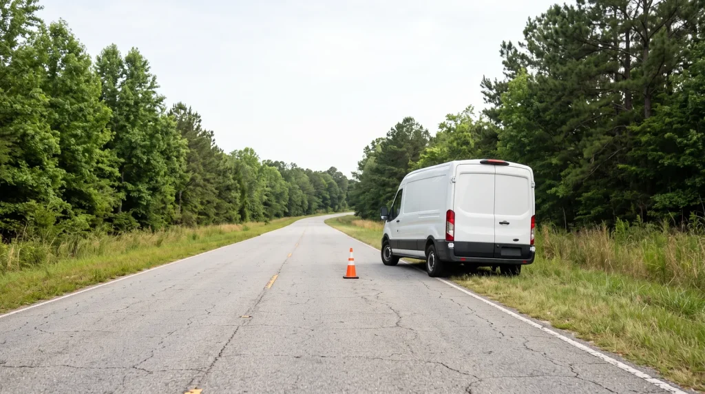 Unbranded work van parked safely beside a rural Georgia roadside after a minor incident, viewed from a distance