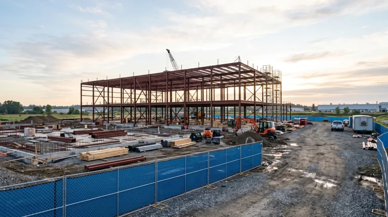 Unbranded commercial construction site with exposed steel framing and safety fencing