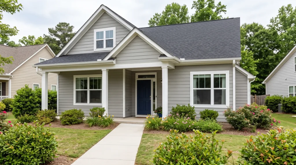 Clean exterior of an unbranded gray-sided home with an unobstructed walkway