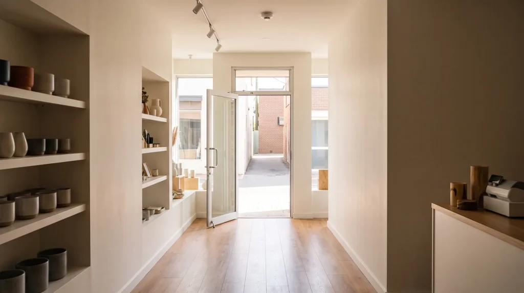 Open doorway and unobstructed walkway inside an unbranded small-business storefront